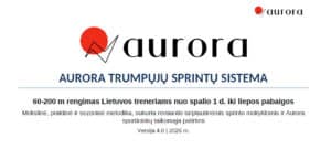 Aurora sprinto metodika 2025-26 - 4Active Aurora brand header with a red circle and checkmark motif, the word 'aurora' in serif font, and Lithuanian title 'AURORA TRUMPŲJŲ SPRINTŲ SISTEMA' (Versija 4.0 | 2026 m.).