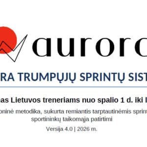 Aurora brand header with a red circle and checkmark motif, the word 'aurora' in serif font, and Lithuanian title 'AURORA TRUMPŲJŲ SPRINTŲ SISTEMA' (Versija 4.0 | 2026 m.).