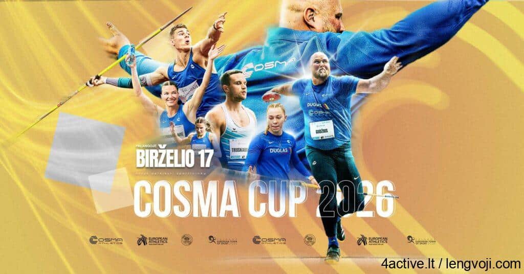 Promotional poster for COSMA CUP 2026 showing multiple athletes in blue uniforms jumping, running, and throwing against a yellow-orange abstract background.