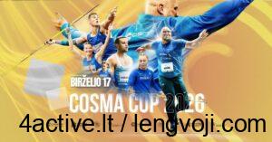 cosma-cup - 4Active - 4Active Promotional poster for COSMA CUP 2026 showing multiple athletes in blue uniforms jumping, running, and throwing against a yellow-orange abstract background.