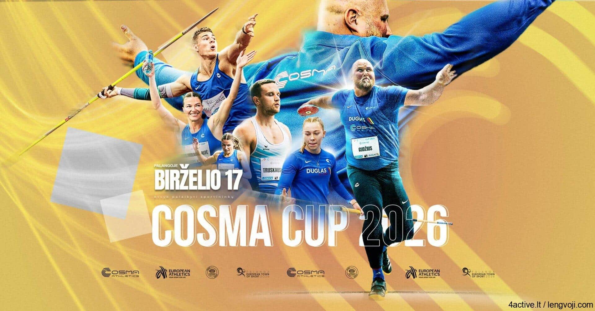 Promotional poster for COSMA CUP 2026 showing multiple athletes in blue uniforms jumping, running, and throwing against a yellow-orange abstract background.