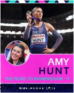 Hunt - 4Active - 4Active Athlete Amy Hunt celebrating with a medal on a stadium poster; inset circular portrait and bold text reading ‘Amy Hunt’ and ‘The Road to Birmingham – Birmingham 2026’.