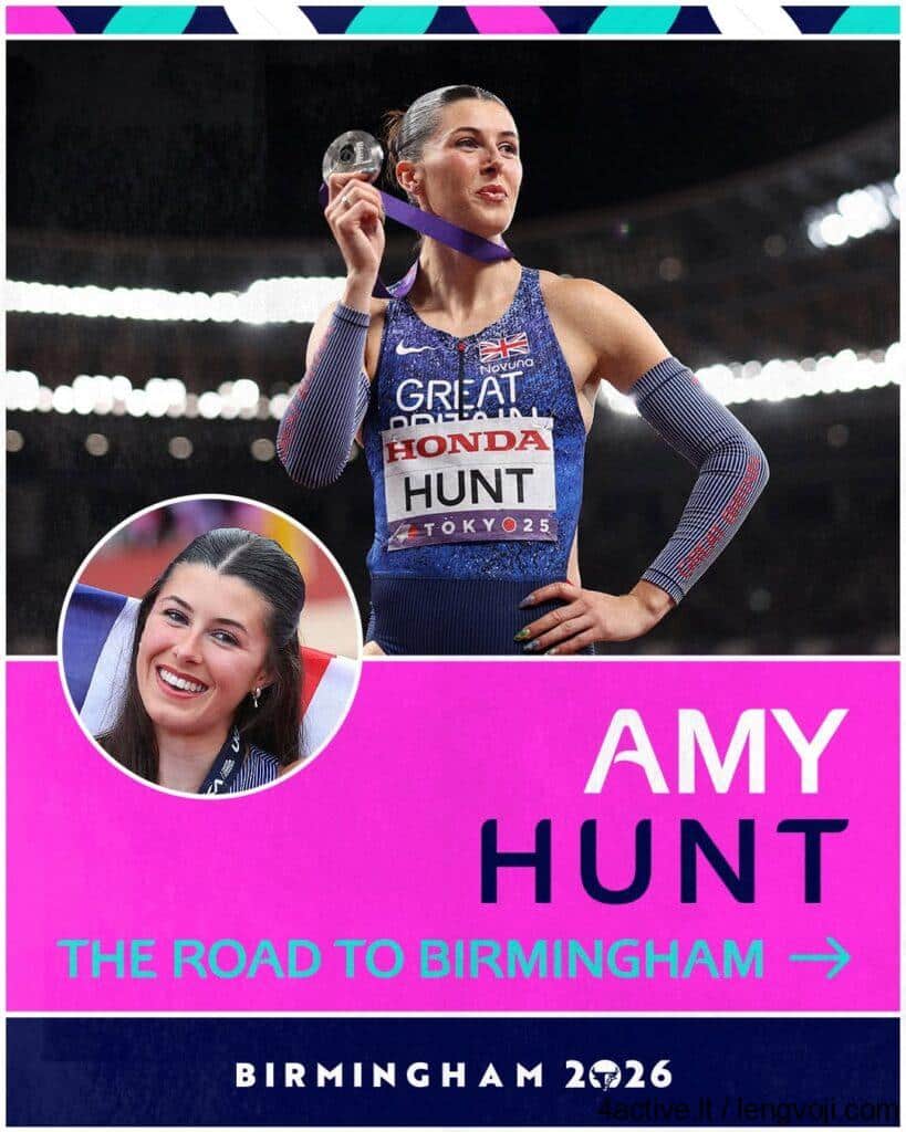 Athlete Amy Hunt celebrating with a medal on a stadium poster; inset circular portrait and bold text reading ‘Amy Hunt’ and ‘The Road to Birmingham – Birmingham 2026’.