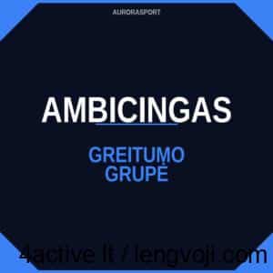 Dark navy octagonal banner with blue corner accents; large white text 'AMBICINGAS' underlined, followed by blue text 'GREITUMO GRUPĖ' and a small 'AURORASPORT' at the top.