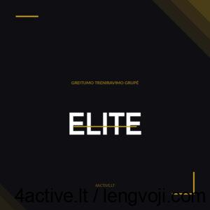Brand graphic: bold white ELITE on a dark background with gold accents and small gold text GREITUMO TRENIRAVIMO GRUPĖ and 4ACTIVE.LT.