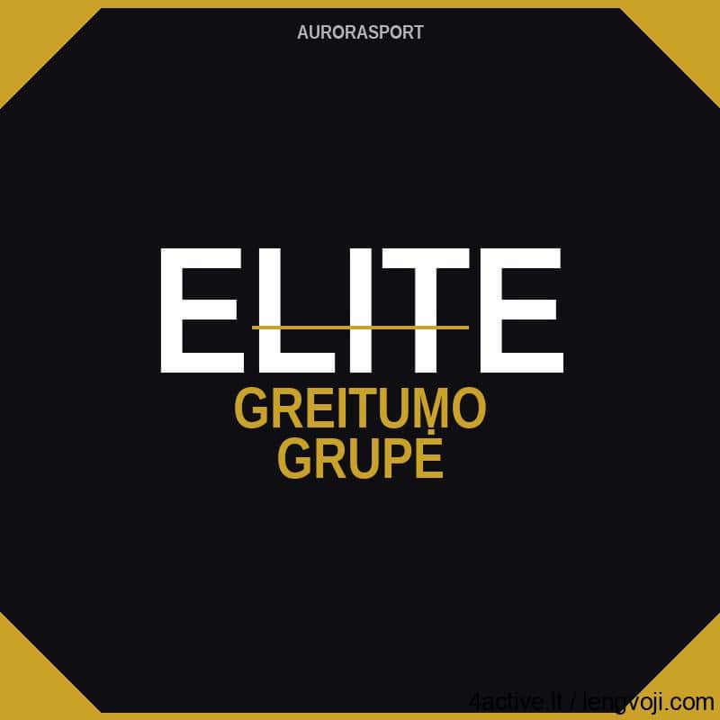 AURORASPORT logo: black octagon with gold corners, 'ELITE' in white with a thin gold line across, and 'GREITUMO GRUPÉ' in gold below.