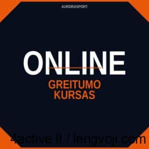 Banner announcing online courses: 'ONLINE GREITUNO KURASAS' on a dark navy background with orange corner accents and small 'AURORASPORT' at the top.