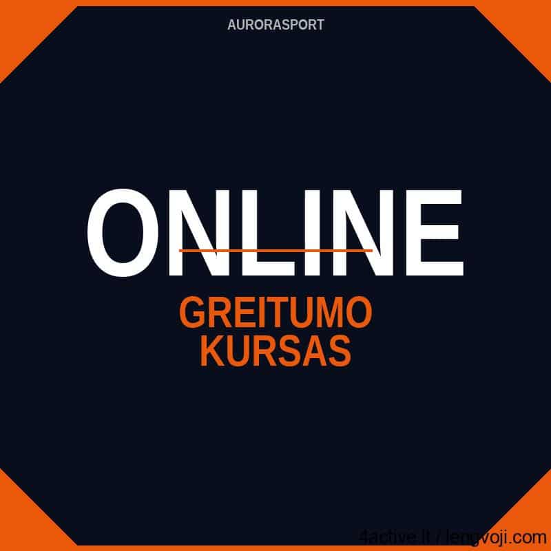 Banner announcing online courses: 'ONLINE GREITUNO KURASAS' on a dark navy background with orange corner accents and small 'AURORASPORT' at the top.