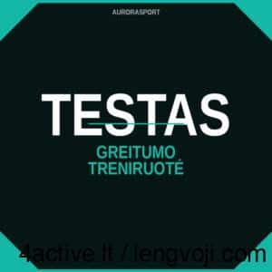 Dark teal octagonal banner with turquoise corners, featuring large white 'TESTAS' and teal subtitle 'GREITUMO TRENIRUOTĖ' and brand 'AURORASPORT' at the top