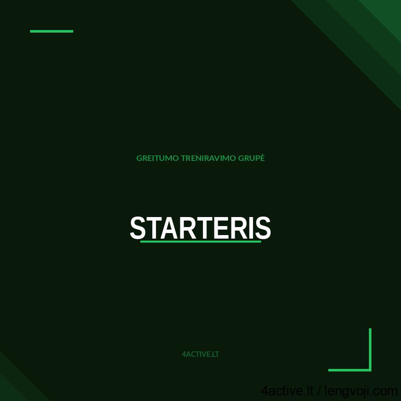 product-starteris-v3 - 4Active Dark green title card with centered 'STARTERIS' in bold white, underlined in green; small Lithuanian subtitle above and '4ACTIVE LT' at the bottom.