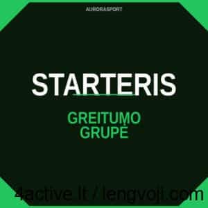 Brand graphic: dark octagonal badge with green corners, white 'STARTERIS' text on top and green 'GREITUMO GRUPĖ' beneath; small 'AURORASPORT' at the top.