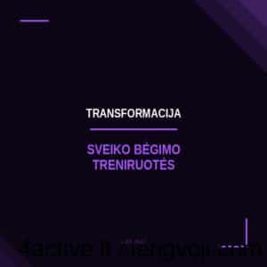 Slide titled Transformacija with subtitle Sveiko bėgimo treniruotės on a dark purple background with purple decorative lines